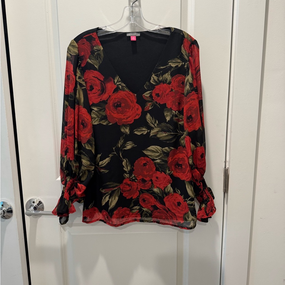 Floral V-Neck Blouse - Red and Black